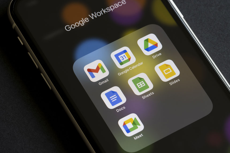 Mobile device showing a folder of the avilable tools within Google Workspace